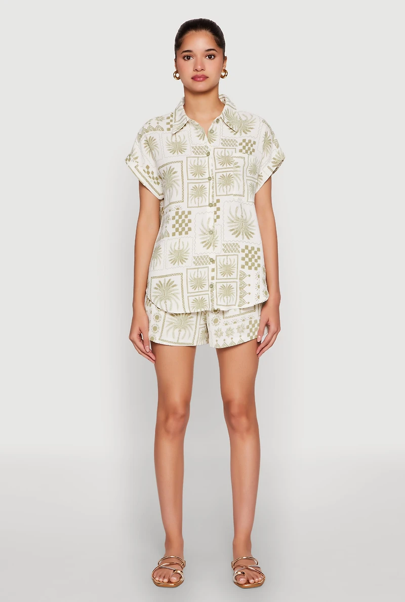 Womens Palm Tree Print Fixed Cuff Shirt, Green, Size L