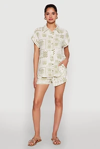 Womens Palm Tree Print Fixed Cuff Shirt, Green, Size L
