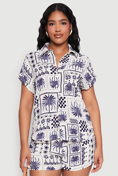 Womens Palm Tree Print Fixed Cuff Shirt, Blue,