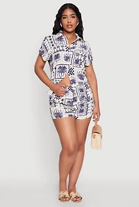 Womens Palm Tree Print Fixed Cuff Shirt, Blue, Size S