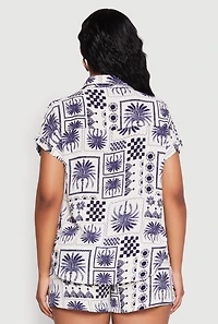 Womens Palm Tree Print Fixed Cuff Shirt, Blue, Size S