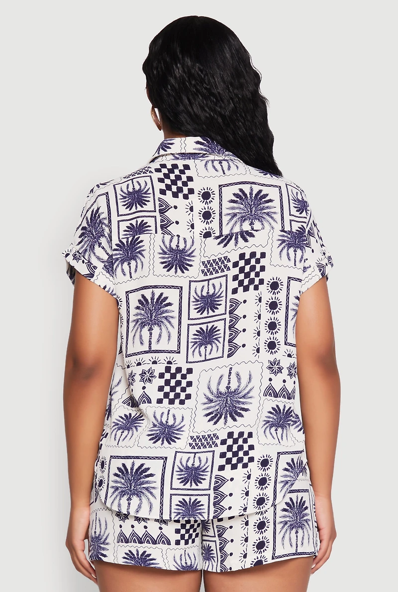 Womens Palm Tree Print Fixed Cuff Shirt, Blue, Size L