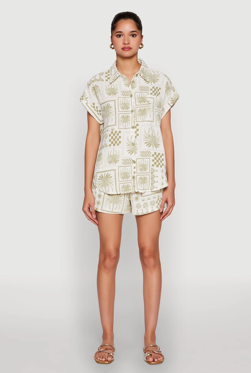 Womens Palm Tree Print Elastic Waist Shorts, Multi, Size L