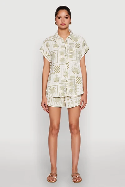 Womens Palm Tree Print Elastic Waist Shorts, Multi, Size L