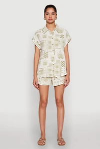 Womens Palm Tree Print Elastic Waist Shorts, Multi, Size L