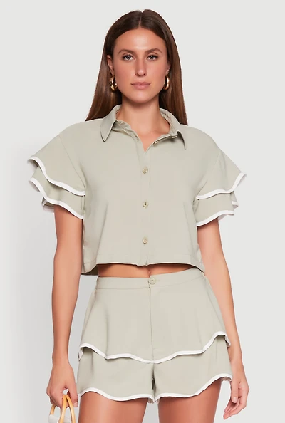 Womens Crepe Knit Contrast Trim Flutter Sleeve Blouse, M