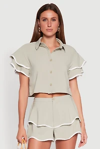Womens Crepe Knit Contrast Trim Flutter Sleeve Blouse, M