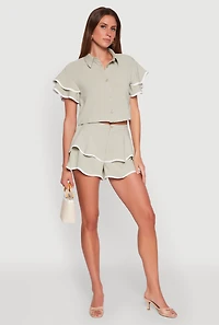 Womens Crepe Knit Contrast Trim Flutter Sleeve Blouse, M