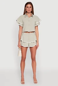 Womens Crepe Knit Contrast Trim Flutter Sleeve Blouse, Green, Size M