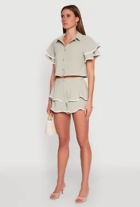 Womens Crepe Knit Contrast Trim Flutter Sleeve Blouse, Green, Size M