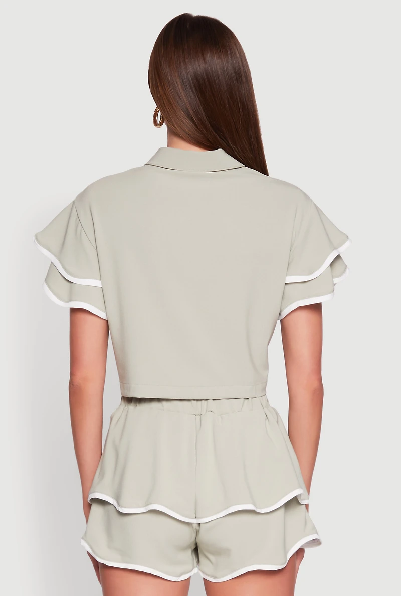 Womens Crepe Knit Contrast Trim Flutter Sleeve Blouse, Green, Size M