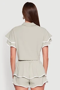 Womens Crepe Knit Contrast Trim Flutter Sleeve Blouse, Green, Size M