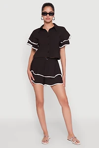 Womens Contrast Trim Tiered Ruffle Shorts, Black, Size L