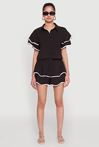 Womens Contrast Trim Tiered Ruffle Shorts, Black, Size L