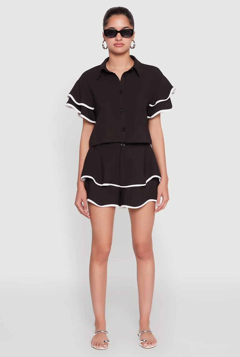 Womens Contrast Trim Tiered Ruffle Shorts, Black, Size M