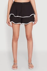 Womens Contrast Trim Tiered Ruffle Shorts, Black, Size L