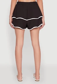 Womens Contrast Trim Tiered Ruffle Shorts, Black, Size L