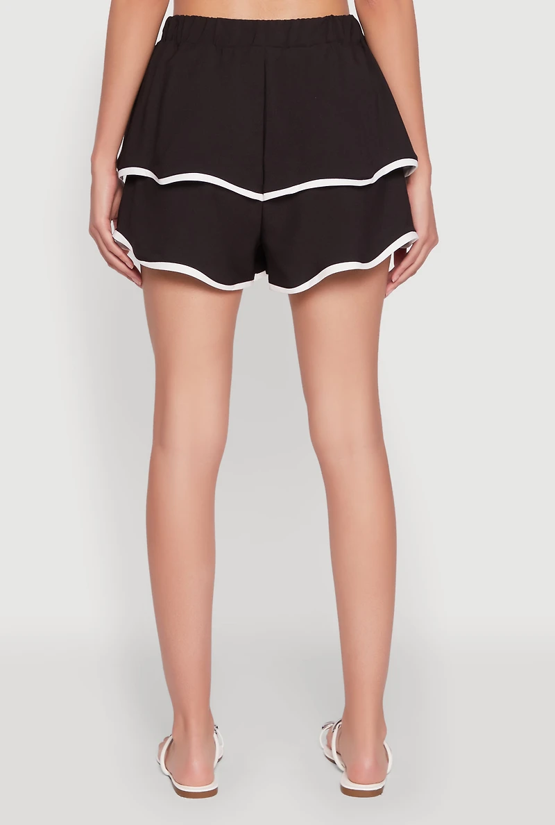 Womens Contrast Trim Tiered Ruffle Shorts, Black, Size M