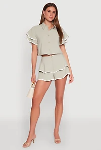Womens Contrast Trim Tiered Ruffle Shorts, L