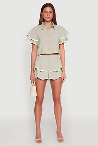 Womens Contrast Trim Tiered Ruffle Shorts, Green, Size S