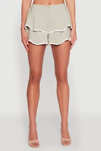 Womens Contrast Trim Tiered Ruffle Shorts, Green, Size L