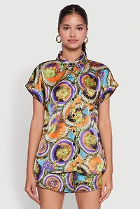 Trendy Status Print Short Sleeve Button Front Shirt