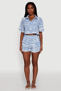Womens Crepe Knit Geometric Print Cropped Shirt,