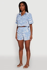 Womens Crepe Knit Geometric Print Cropped Shirt, Blue, Size M