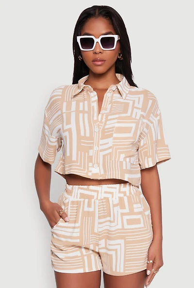 Womens Crepe Knit Geometric Print Cropped Shirt, Beige, Size S