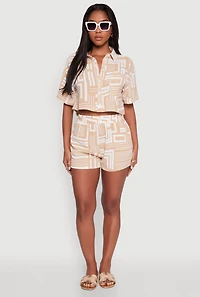 Womens Crepe Knit Geometric Print Cropped Shirt, Beige, Size S