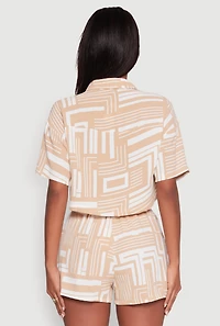 Womens Crepe Knit Geometric Print Cropped Shirt, Beige, Size S