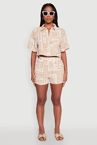Womens Trendy High Waisted Crepe Knit Shorts with Elastic Waist, Khaki, Size S