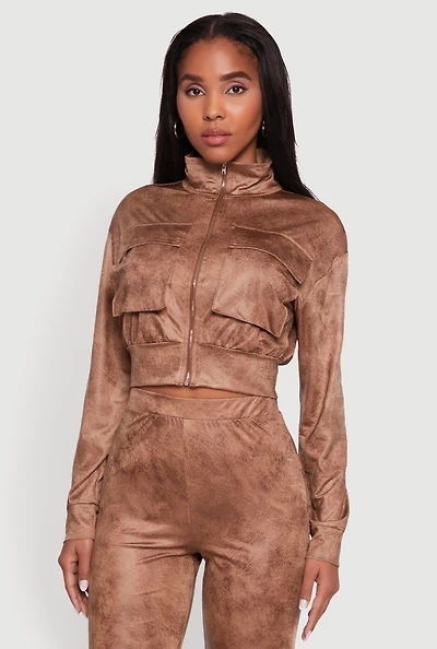 Womens Acid Wash Zip Front Crop Cargo Jacket, Brown, Size M