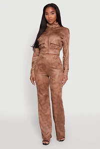 Womens Acid Wash Zip Front Crop Cargo Jacket, Brown, Size M