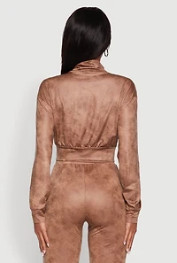 Womens Acid Wash Zip Front Crop Cargo Jacket, Brown, Size M