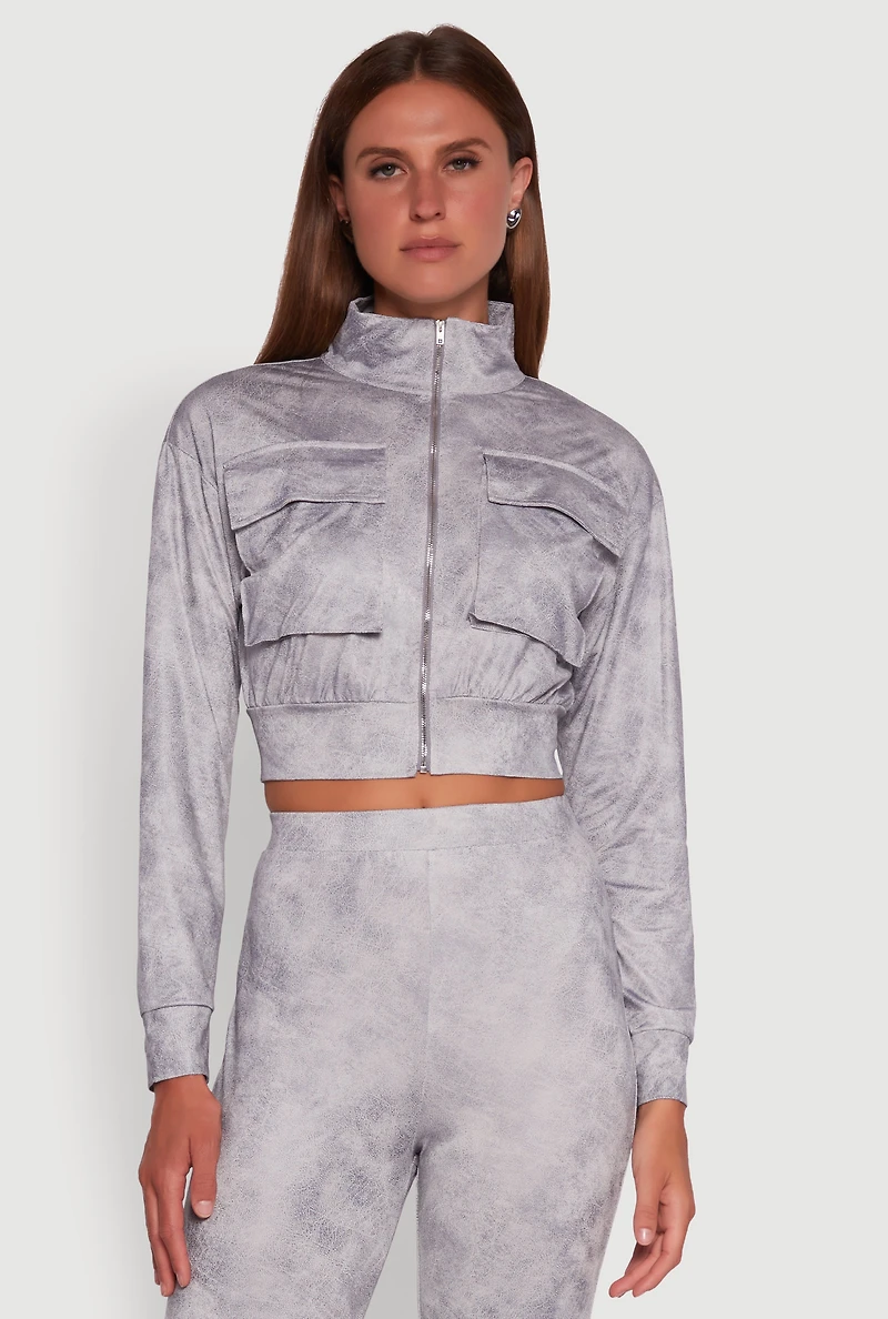 Womens Acid Wash Zip Front Crop Cargo Jacket, Grey,