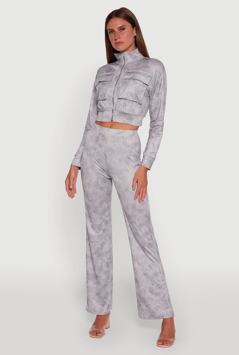 Womens Acid Wash Zip Front Crop Cargo Jacket, Grey,