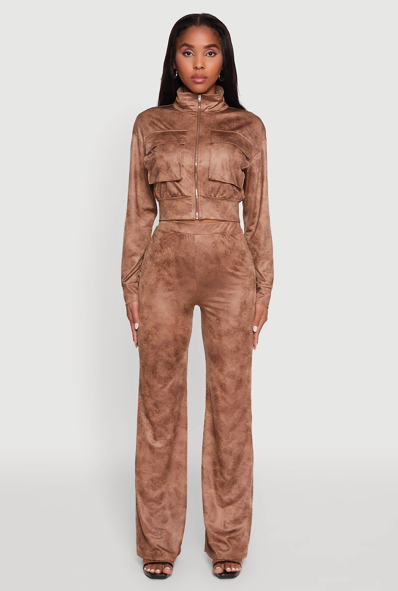 Womens Acid Wash Flared High Waisted Pants, Brown, Size S