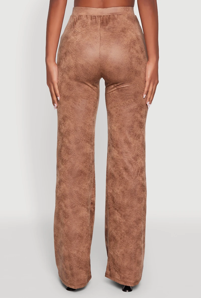 Womens Acid Wash Flared High Waisted Pants, Brown, Size S