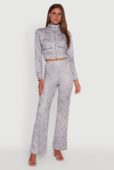 Womens Acid Wash Flared High Waisted Pants, Grey, Size XL