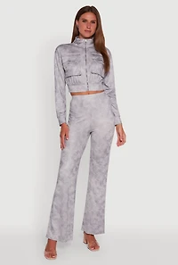 Womens Acid Wash Flared High Waisted Pants, Grey, Size M