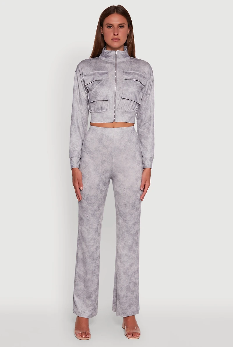 Womens Acid Wash Flared High Waisted Pants, Grey,