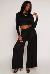 Womens Soft Knit Long Sleeve Crop Top, Black, Size S