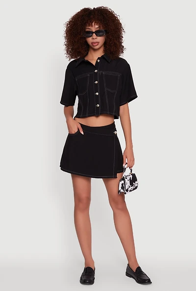 Womens Twill Faux Wrap Asymmetrical Skort, L