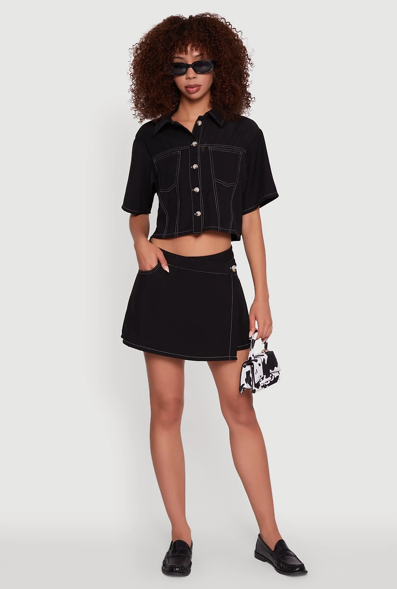 Twill Faux Wrap Asymmetrical Skort