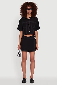 Womens Twill Faux Wrap Asymmetrical Skort, Black, Size L