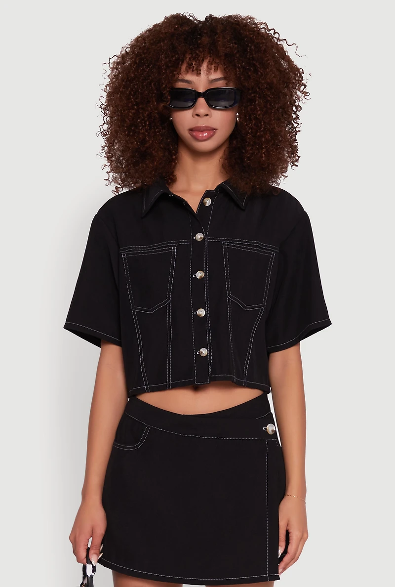 Womens Twill Cropped Button Front Shirt, Black, Size S