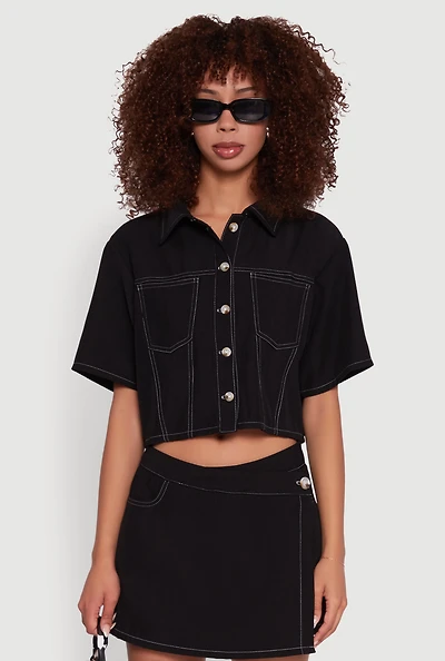 Womens Twill Cropped Button Front Shirt, Black, Size S