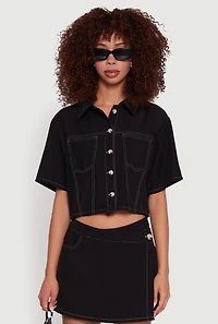 Womens Twill Cropped Button Front Shirt, Black, Size S