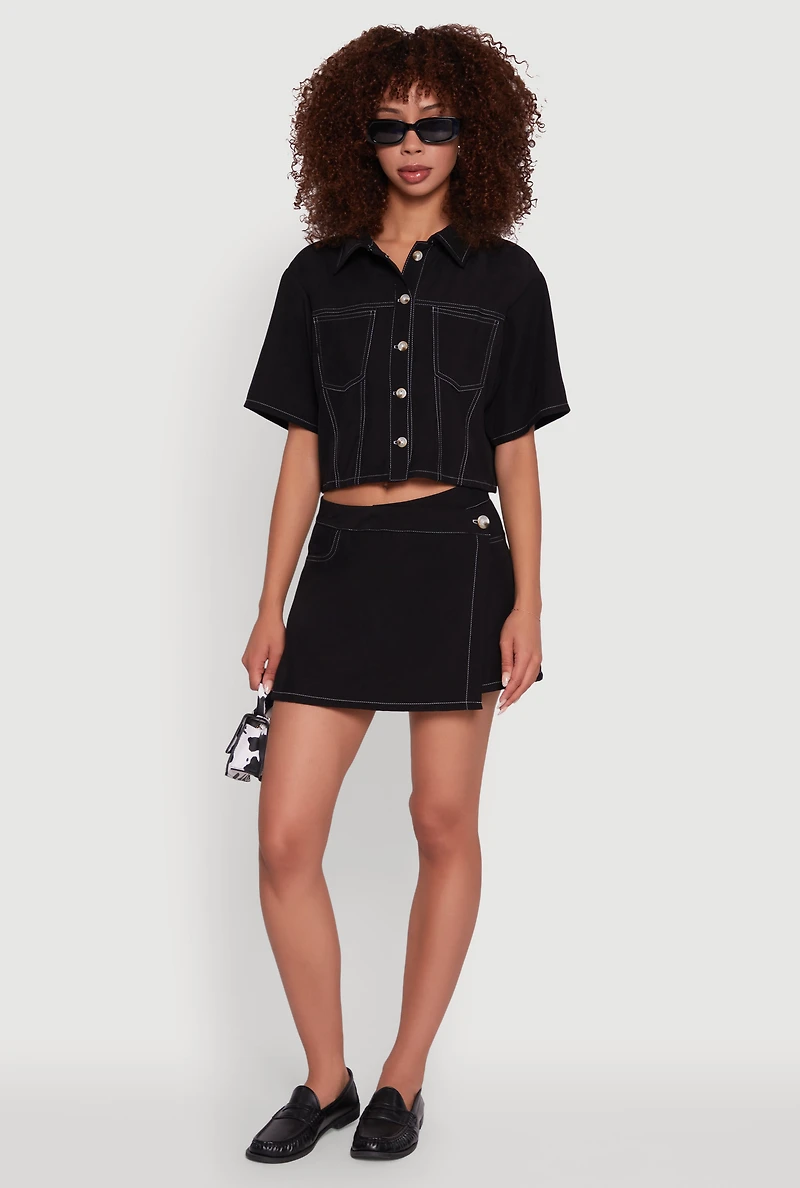 Womens Twill Cropped Button Front Shirt, Black, Size S